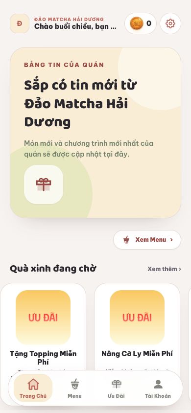 Giao diện mobile thật của chương trình loyalty Đảo Matcha Hải Dương trên Fnbanlien Play